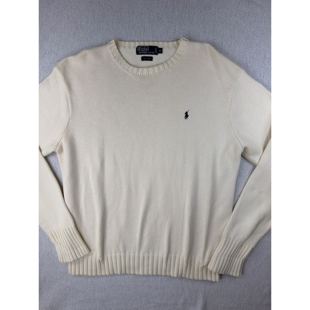 90's Vtg Polo Ralph Lauren Sweater Mens XL Cream 100% Cotton Crewneck navy pony